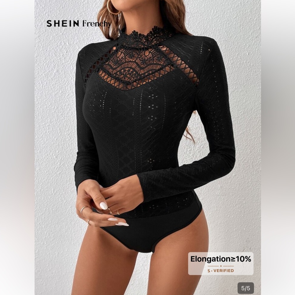 SHEIN bodysuit large eyelet Black Lace Long Sleeve Top frenchy - Picture 3 of 3